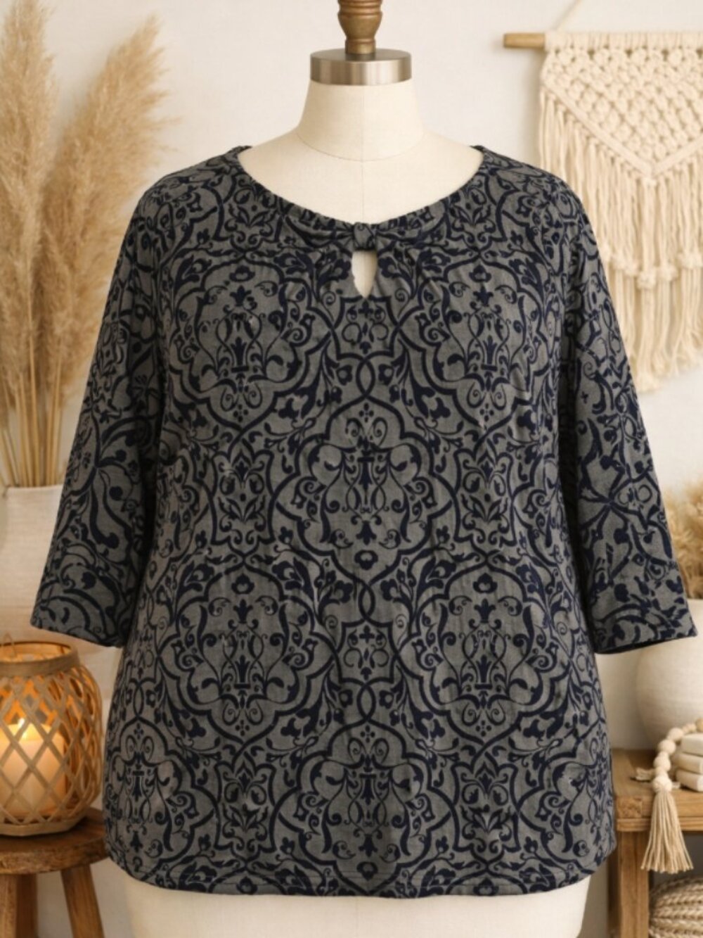 Lands’ End Burnout Velvet Top Shirt Plus 20W/22W Boho Cottagecore Romantic Black